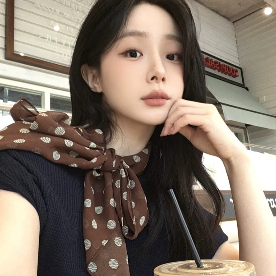 棕色波点丝巾印花高级百搭丝带发带长条围巾轻奢气质配饰保暖披肩