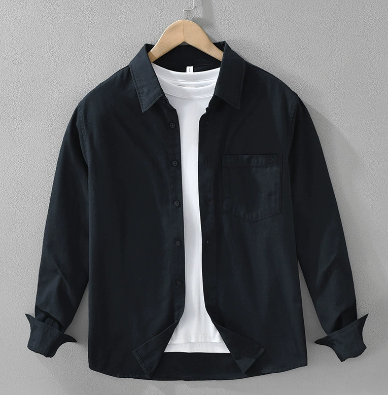 100棉！刺绣清新长袖衬衫男士多色简约文艺休闲宽松上衣7591