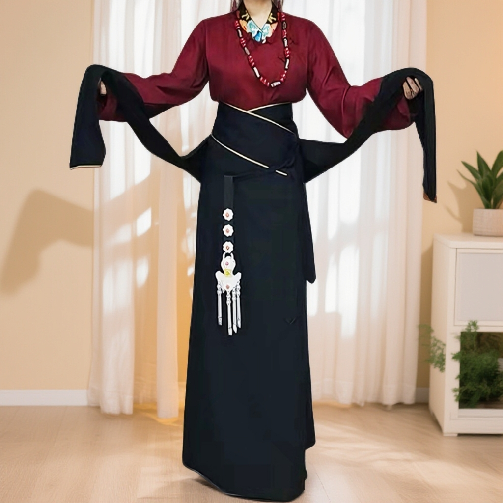 藏族藏式服装春秋款素色锅庄舞裙子双袖假袍半身广场舞蹈裙民族风