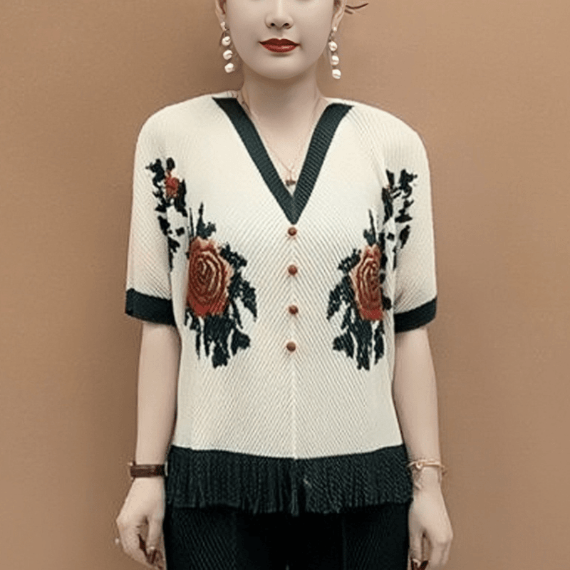 2025夏季新款提花玫瑰妈妈针织衫女中老年新中式复古V领短袖毛衣