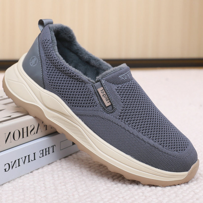 冬季老北京布鞋男棉鞋加绒保暖二棉鞋薄绒中老年软底防滑一脚蹬鞋