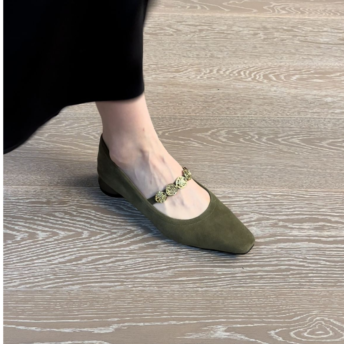 3CM磨砂羊皮2025夏季方头小金币平底玛丽珍单鞋女多宝鞋通勤女鞋