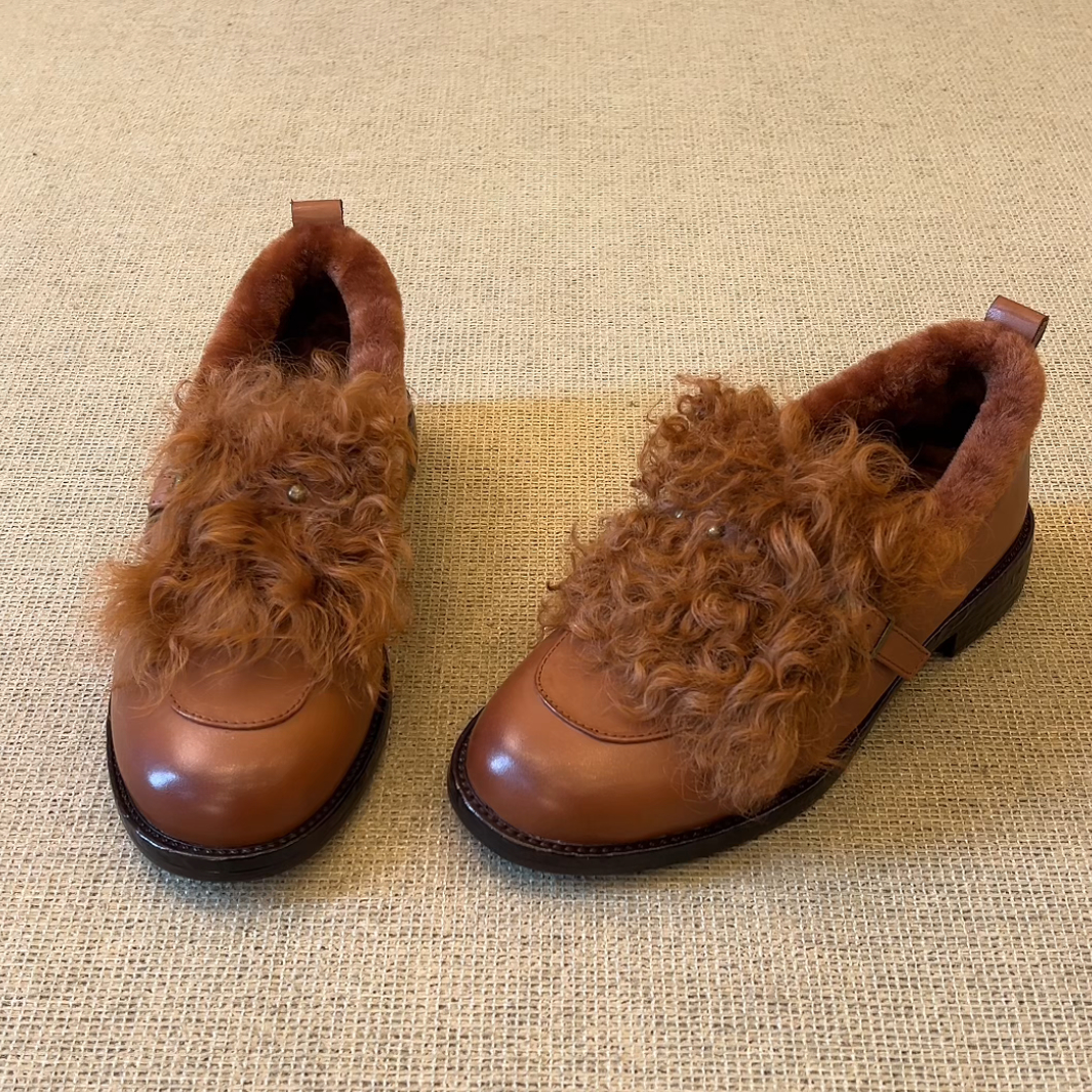 RubyL/2.5cm复古英伦风皮带扣通勤舒适一脚蹬圆头粗跟毛毛鞋女款