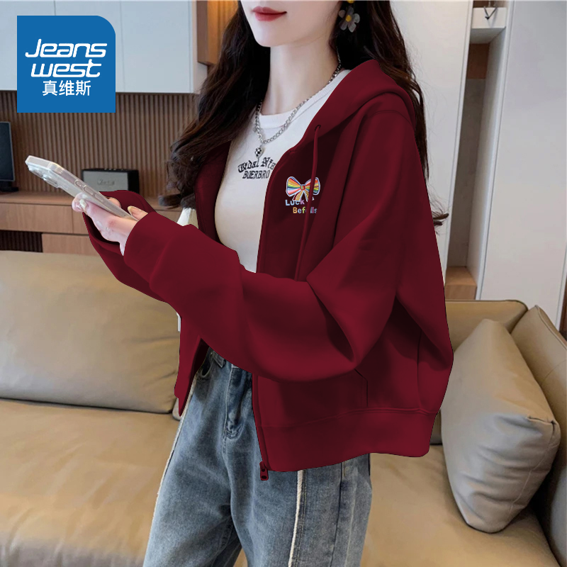 真维斯酒红色短款开衫外套女春秋款宽松薄款连帽卫衣长袖显瘦上衣