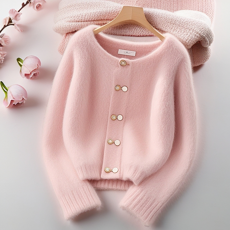 韩版轻奢温柔软糯毛衣女设计感别致减龄粉假开衫圆领套头上衣秋冬