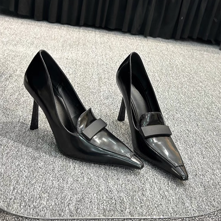 San· 杨树林2025春秋新款黑色尖头高跟鞋女细跟单鞋职业通勤皮鞋
