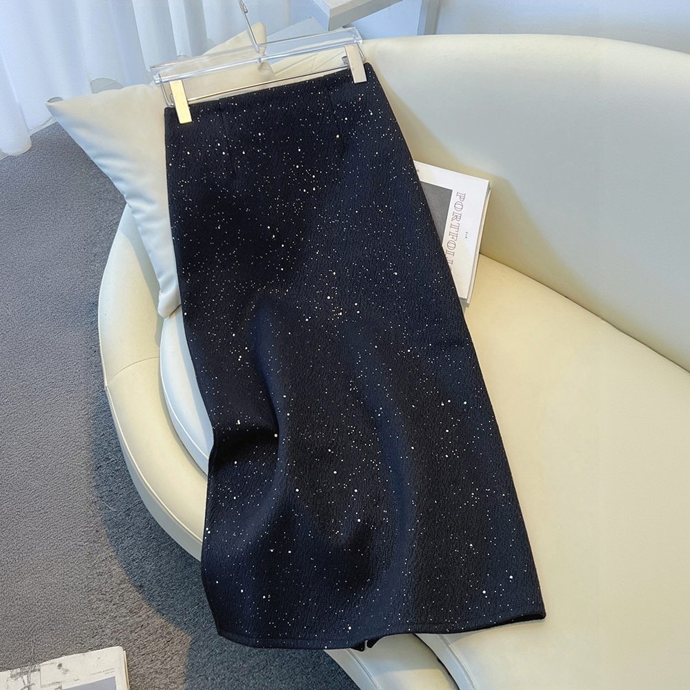 La babite黑色亮片半身裙2025秋新款高腰中长款直筒a字包臀裙