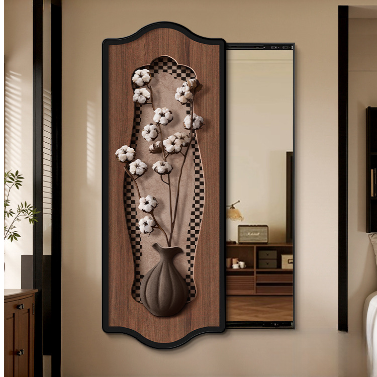 中古风花卉入户玄关推拉全身镜法式复古暗藏式穿衣镜子高级感挂画