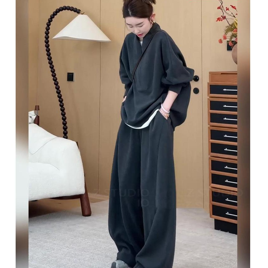 宽松慵懒松弛感穿搭2025秋季大码遮肉休闲风卫衣阔腿裤两件套装女
