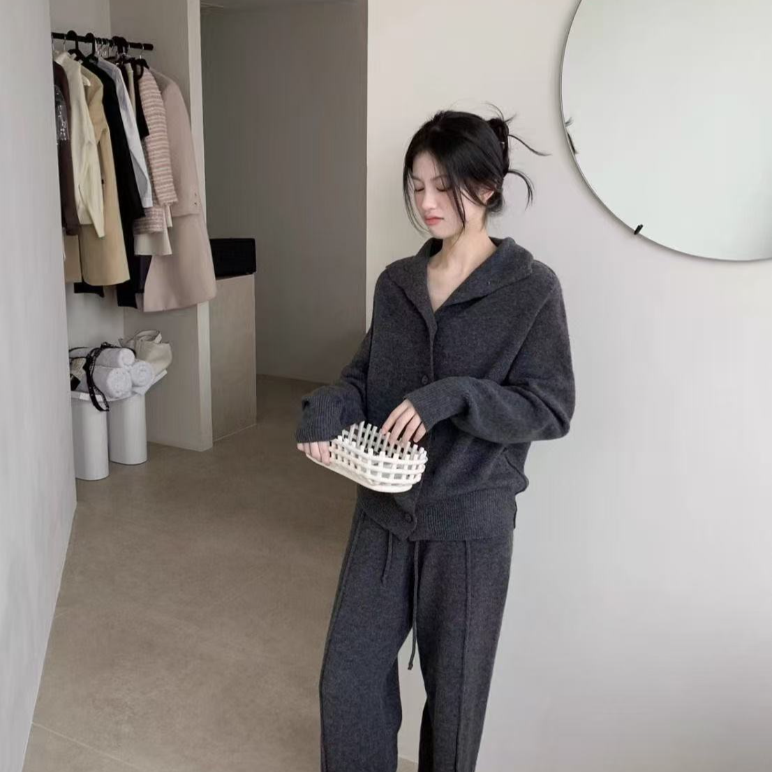 洋气法式韩系休闲时尚卫衣女秋冬慵懒内衬开衫开叉阔腿长裤两件套