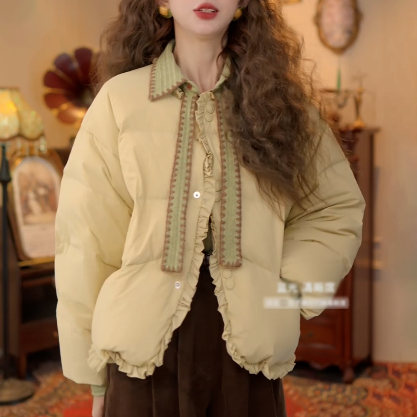 时尚木耳边拼接长袖棉服女2025秋冬新款气质百搭宽松夹棉开衫外套