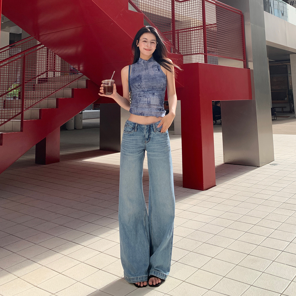 秋季美式低腰微喇叭牛仔裤女2025新款复古宽松直筒显瘦拖地阔腿裤