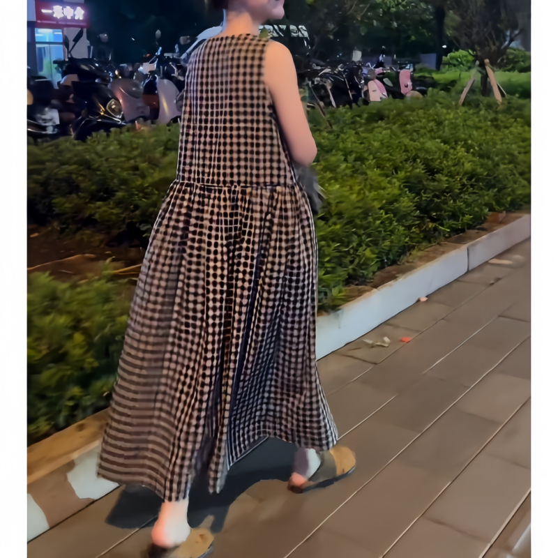 初秋无袖背带裙格子显瘦圆领领宽松纯色慵懒风气质长裙高腰连衣裙
