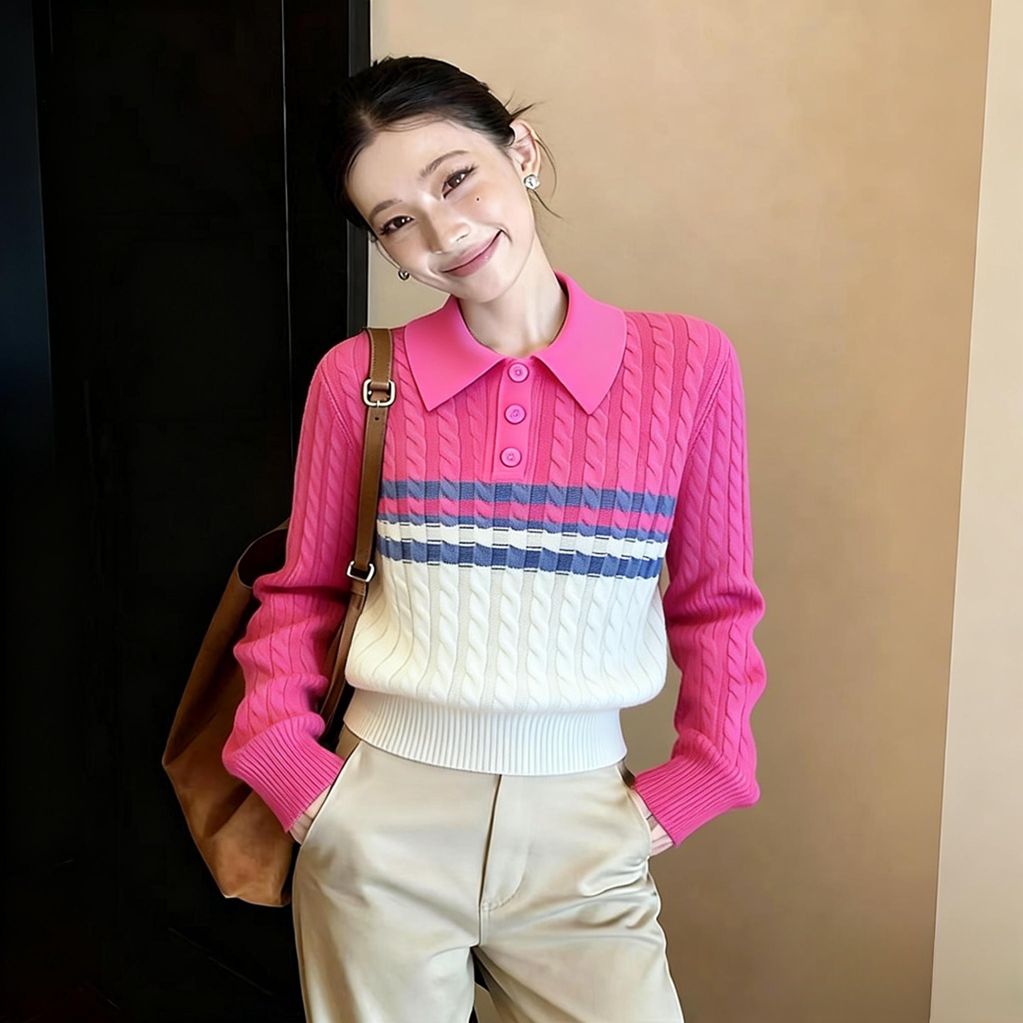 超好看时尚条纹polo领毛衣打底衫女内搭冬季2025新款修高级感上衣