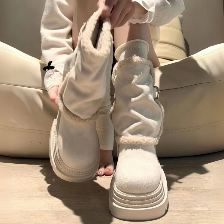 白色复古粗跟厚底雪地靴女款2025新款冬季加绒加厚保暖裤管靴棉鞋