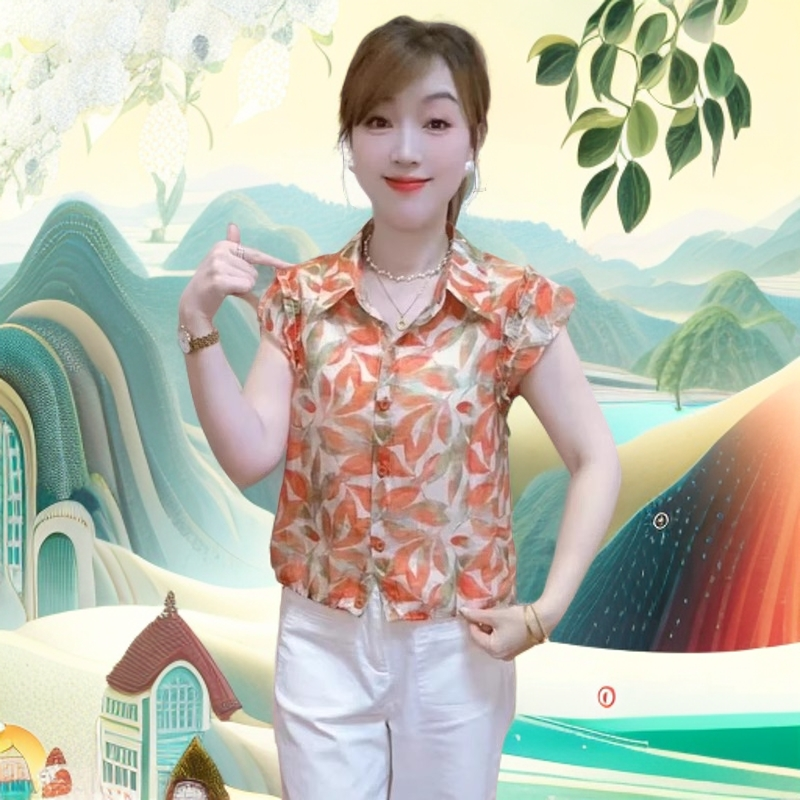 时尚短款衬衫女2025夏季新款洋气显瘦百搭花苞袖减龄碎花衬衣上衣