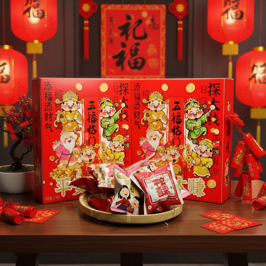 红火休闲零食综合口味膨化卷脆卷瑞士糖礼盒 平安大赚178g