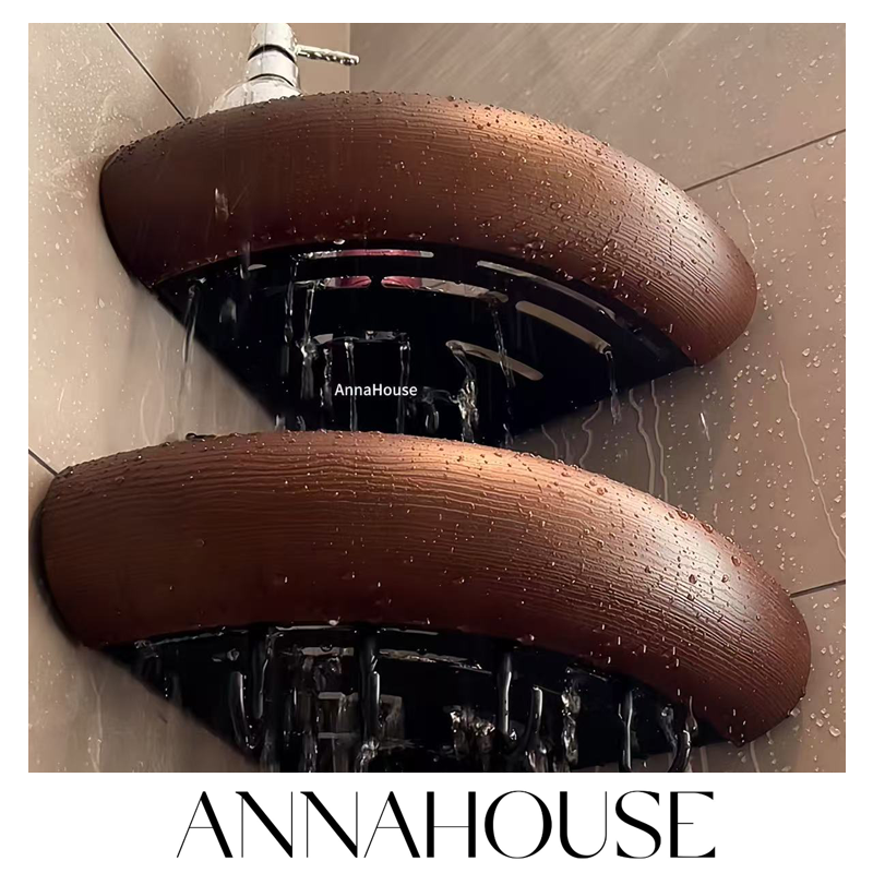 ANNAHOUSE中古风置物架免打孔三角转角吸盘壁挂式木纹架子PH