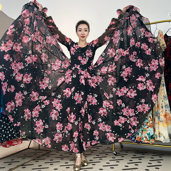 繁花蝶舞长袖款-人丝混纺轻奢印花法式收腰连衣裙/大摆带内衬