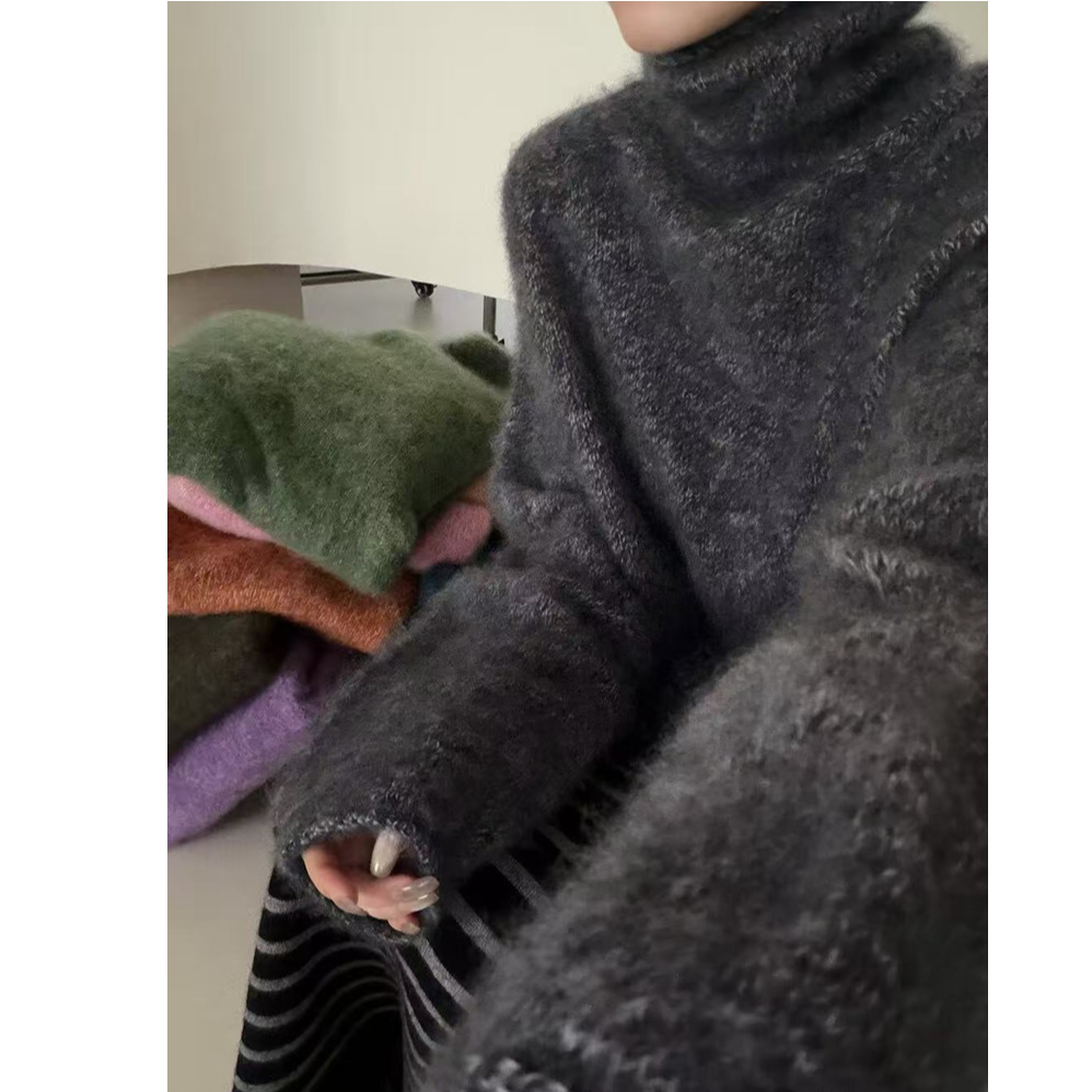 2025秋冬花纱堆堆领卷边慵懒风拉绒羊毛衫