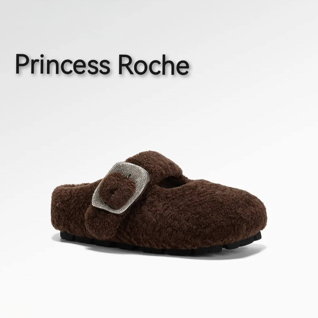 Princess Roche【设计师款】秋季法式包头拖真羊毛保暖一字扣毛毛拖