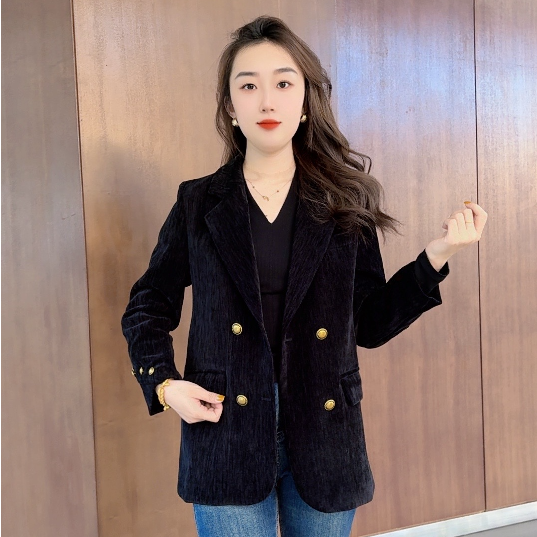 2025春秋雪尼尔西装外套女网红休闲百搭宽松韩版双排扣设计感西服