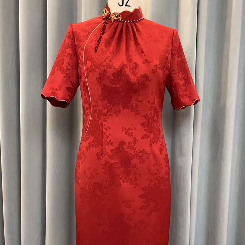 短袖时尚花纹简约风修身婚礼旗袍喜婆婆婚宴礼服常规款优雅网红