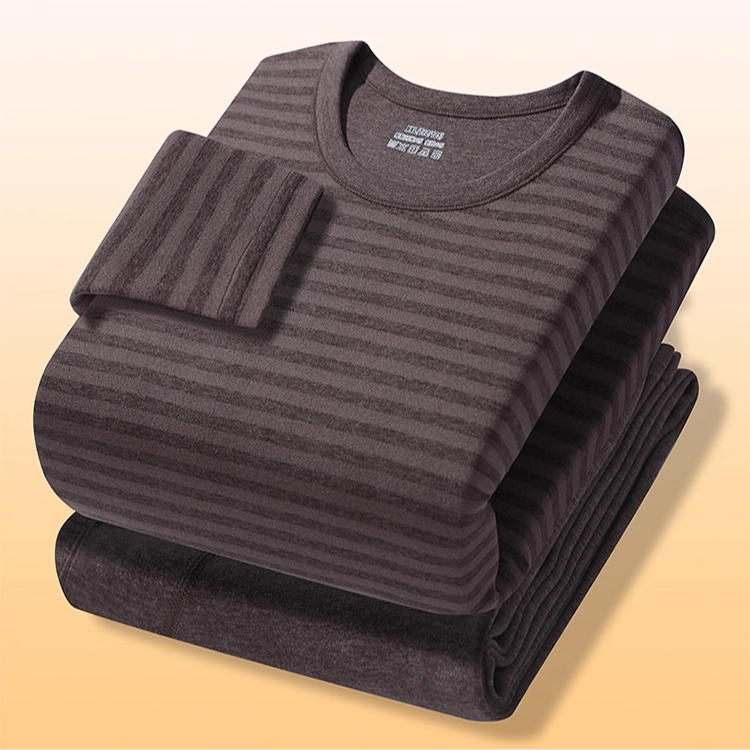 2025冬季条纹圆领保暖套装10A抗菌保暖内衣加绒打底秋衣秋裤