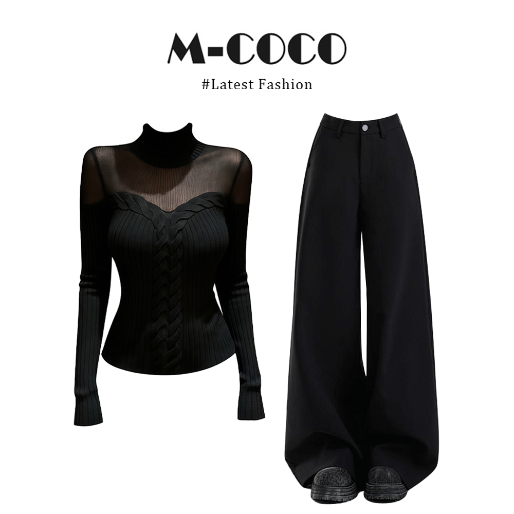 INS CEC辣妹风半高领微透拼接麻花针织衫阔腿休闲裤冬季套装