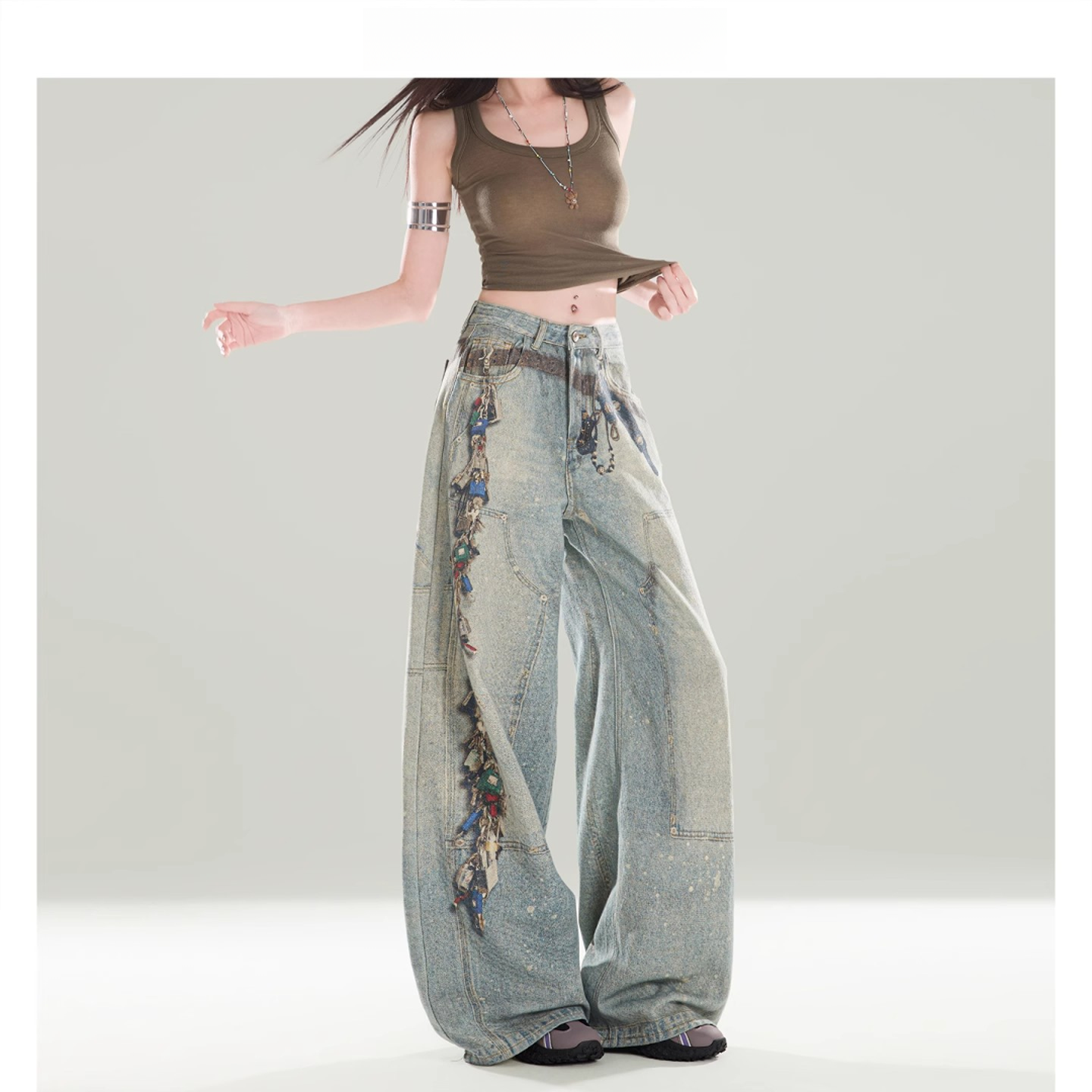 美式印花牛仔裤女夏季新款梨形身材显瘦直筒阔腿裤薄款