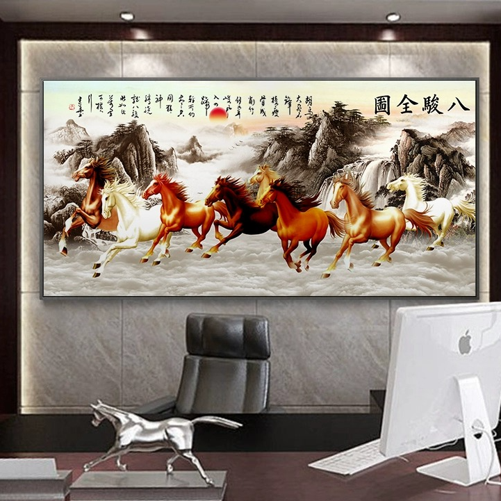 八骏图新中式客厅装饰画沙发背景墙面大气壁画办公室马到成功挂画