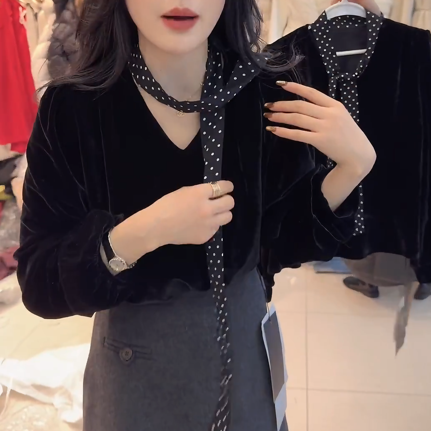 早春新款法式丝绒衬衫长袖波点领带V领韩系洋气打底衫女LK2508823