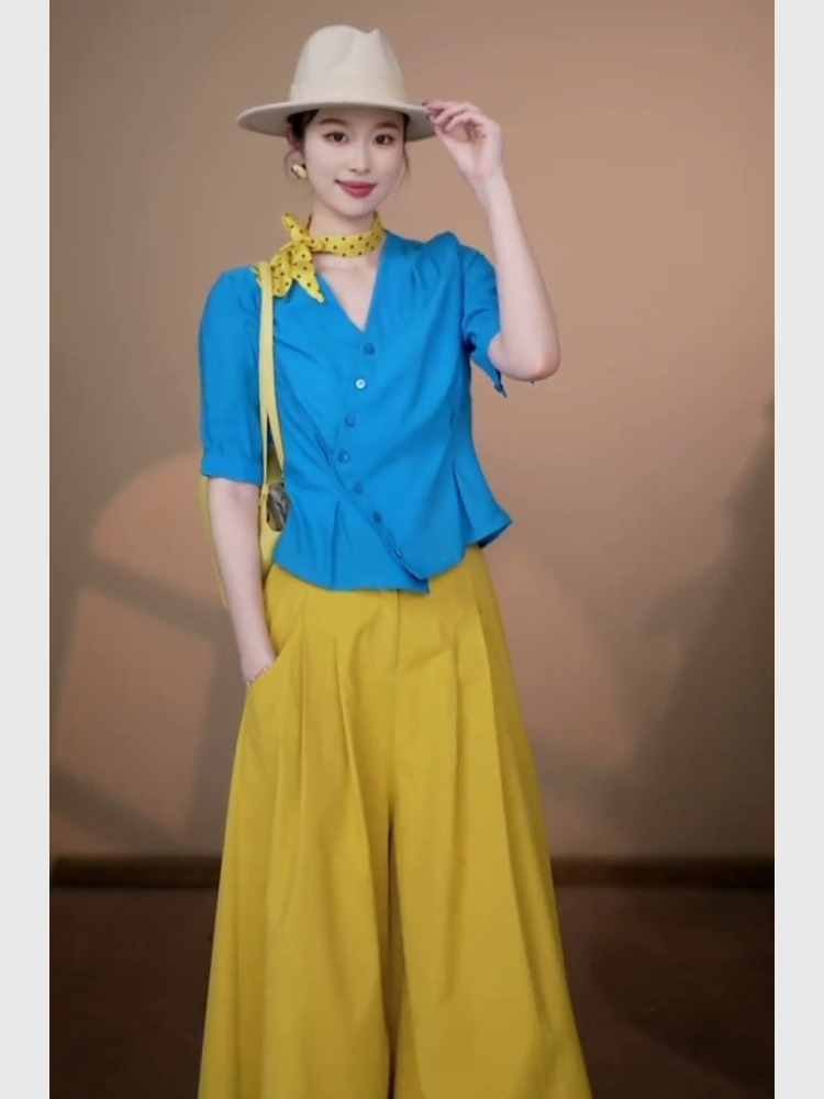【现货】夏季多巴胺阔腿裤穿搭一整套气质巨好看的蓝色短袖休闲套装
