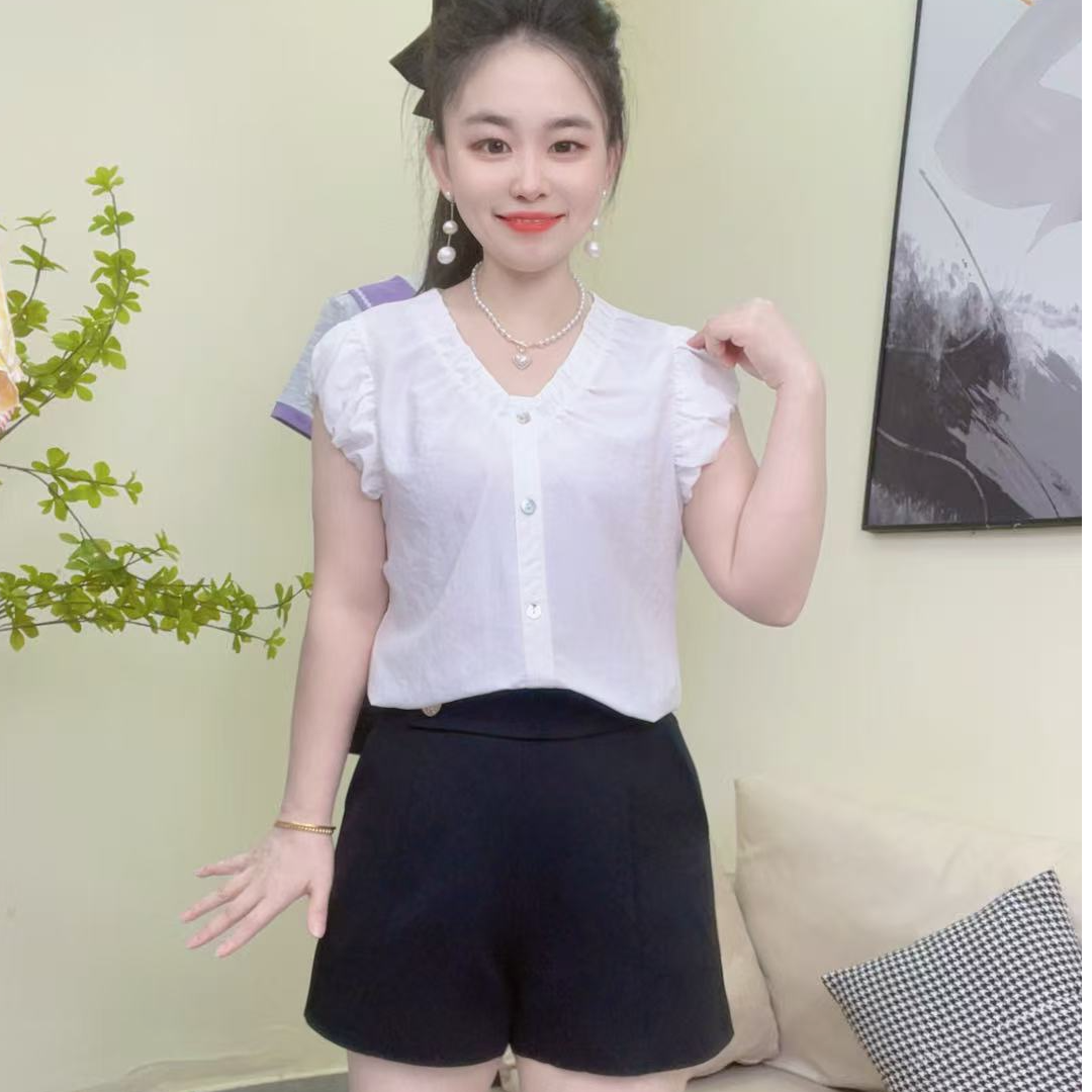 淑女日记  女士纯色褶皱常规飞飞袖夏季衬衫网红夏装显瘦上衣（615