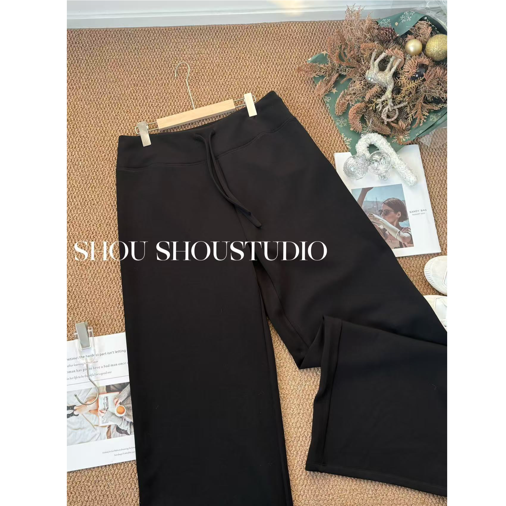 【瘦瘦】腿精-大码无松紧高腰显瘦百搭加绒抽绳直筒拖地长裤S02386