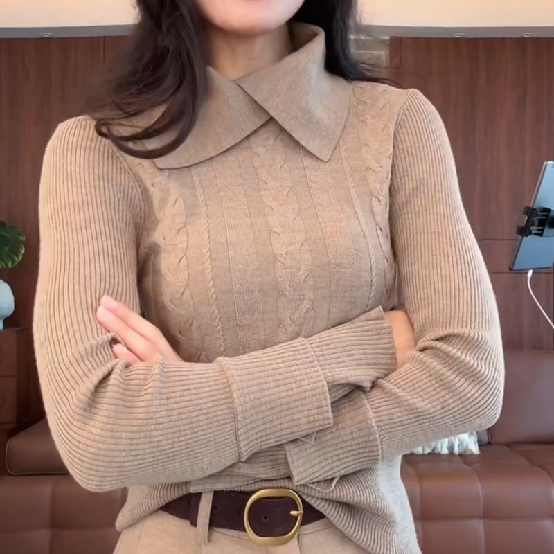 【温婉气质】冬季新款绞花翻领百搭显瘦时尚针织衫LK2508371