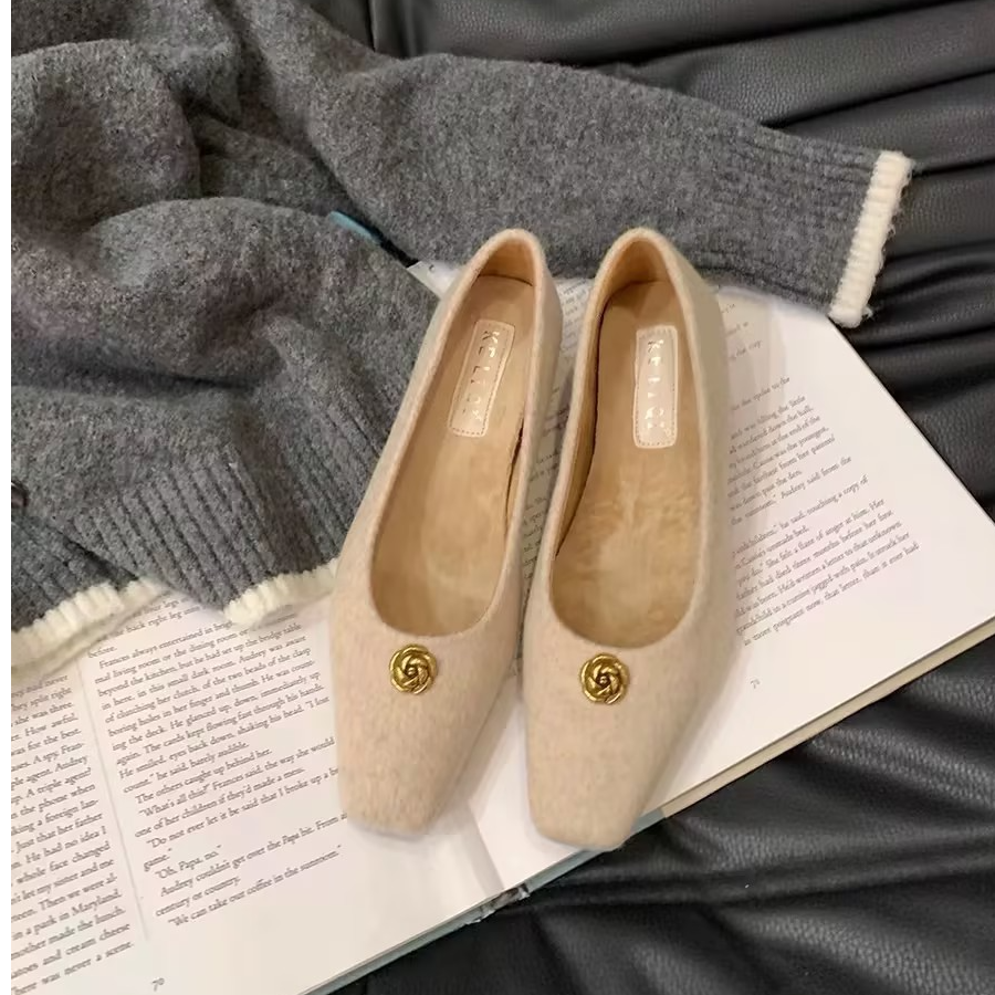 阿琳ALIN同款小香风低跟方头单鞋女秋冬加绒温柔通勤毛鞋AL5PD211