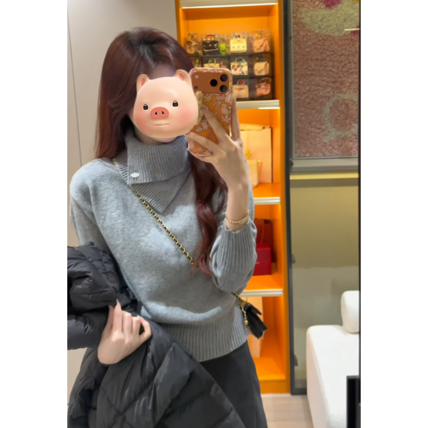 法式不规则灰色高领套头毛衣女秋冬加厚保暖慵懒风翻领针织衫上衣