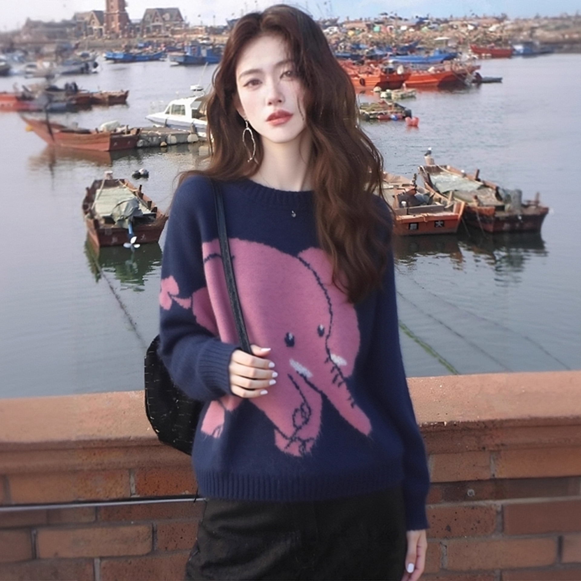 2025秋冬新款复古慵懒风蓝色大象毛衣针织衫女设计感小众宽松上衣