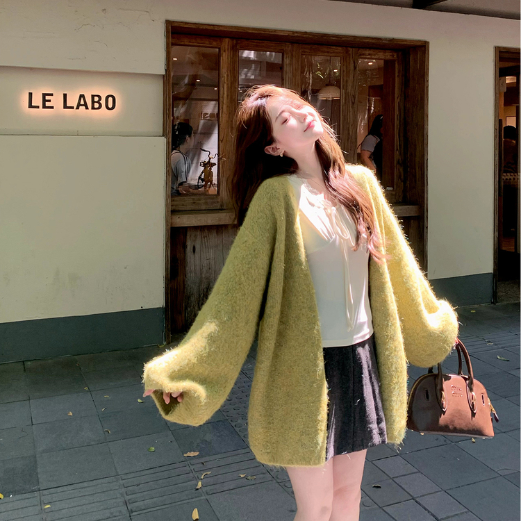 灯笼袖宽松慵懒风针织开衫外套秋季女中长款气质百搭毛衣上衣