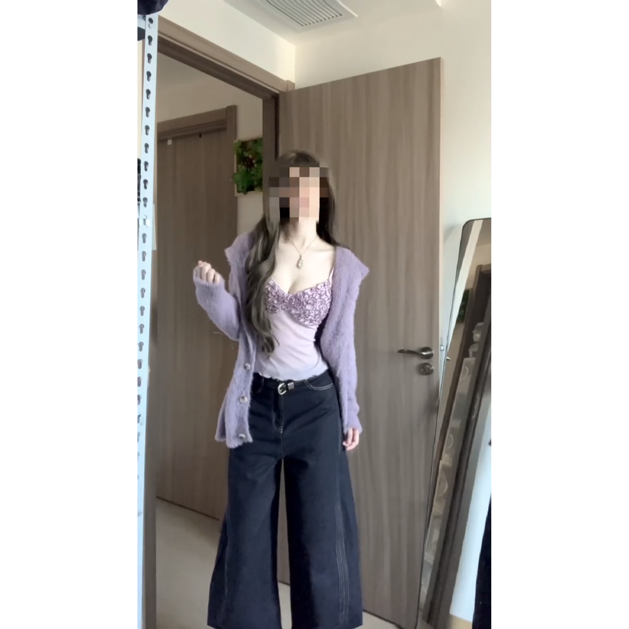 MARIE.COCO少女风纯欲辣妹紫色连帽毛衣外套花边吊带修身牛仔裤子