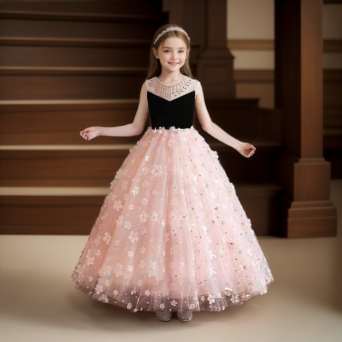 大童女孩女童礼服儿童走秀钢琴演奏粉色花朵生日宴公主蓬蓬晚礼服