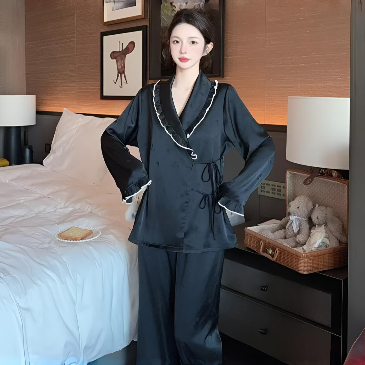 新款春秋季法式睡衣女提花简约冰丝薄款千金长袖慵懒风家居服大码