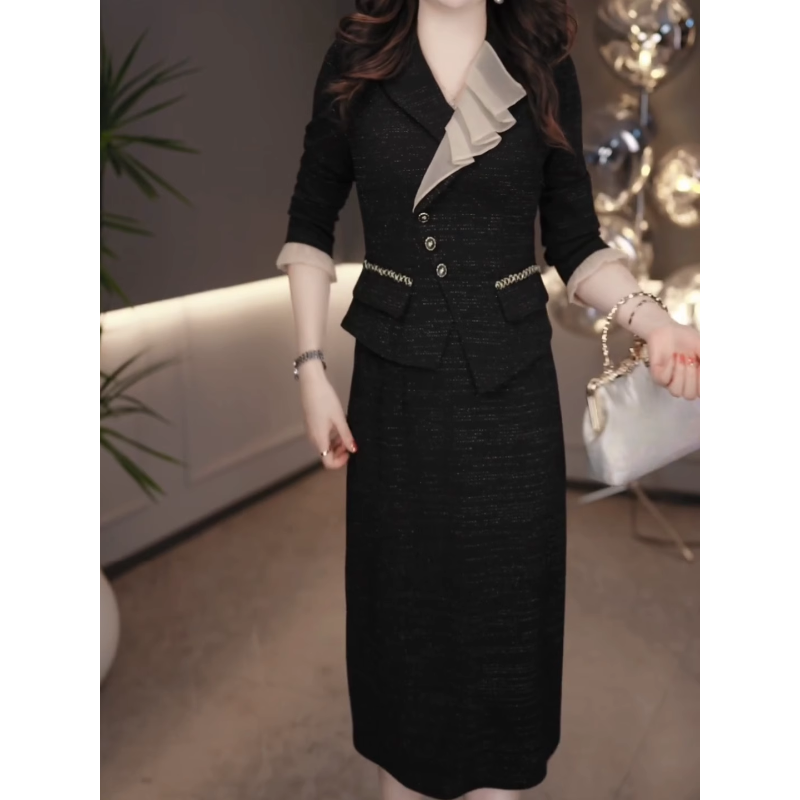 勇华气质轻奢假两件时尚连衣裙2025秋季新款修身减龄显瘦中长裙