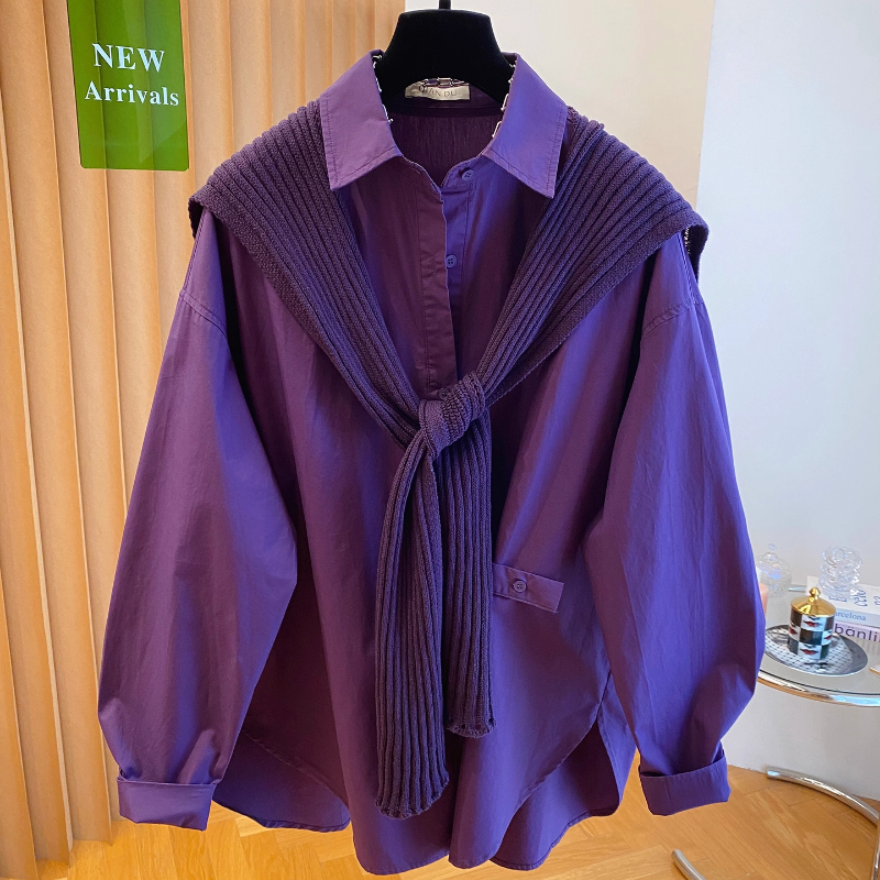 高级感春秋新款大码宽松披肩长袖衬衫女装翻领百搭设计拼接外套潮