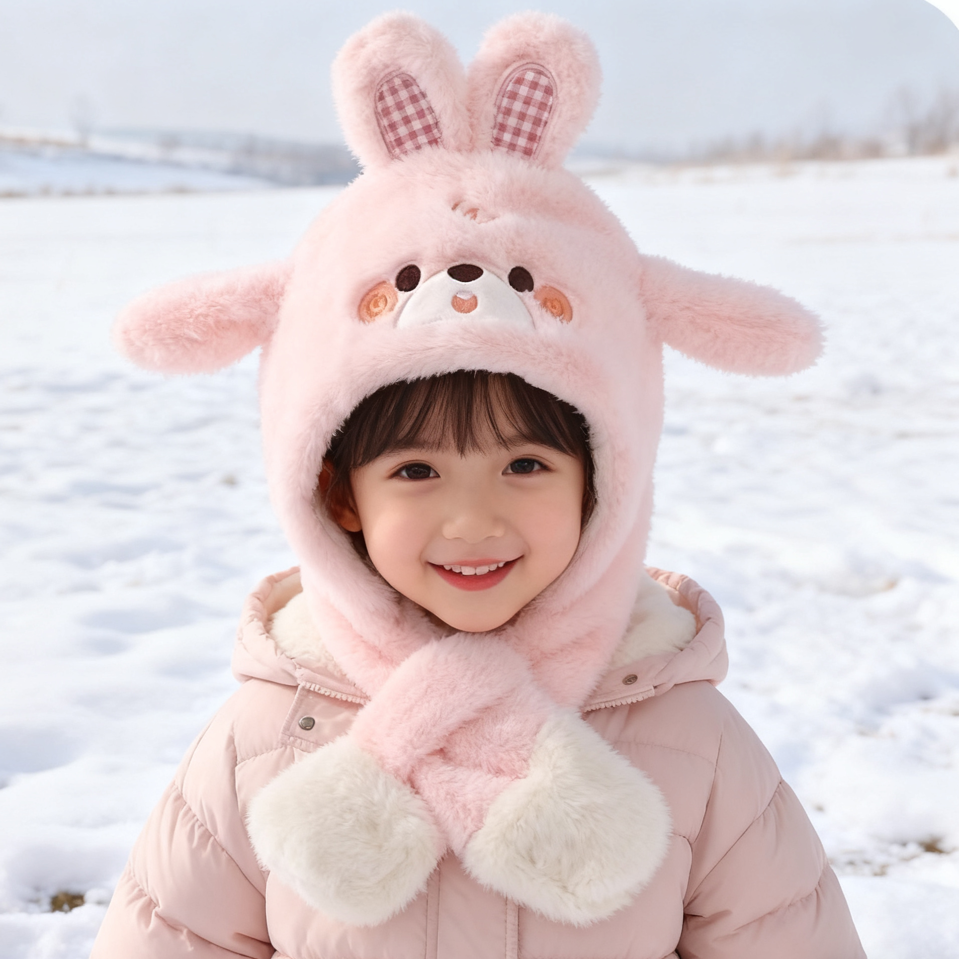 会动耳朵宝宝帽子冬季男女童可爱护耳毛绒帽子保暖围脖儿童一体帽