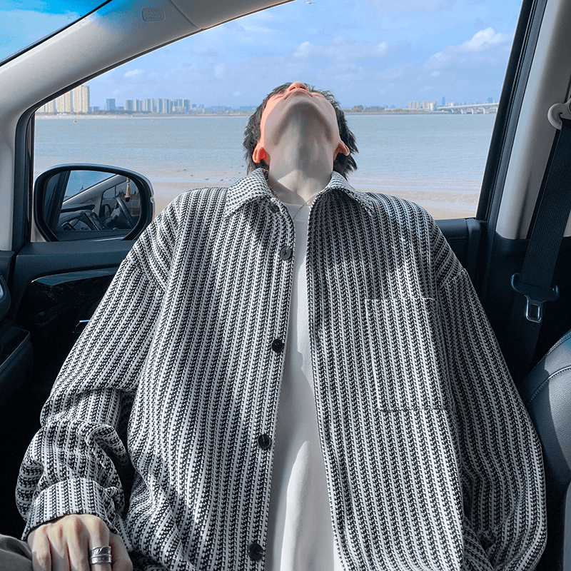 雪尼尔重磅鱼骨纹翻领夹克男款美式撞色条纹衬衫高级感小香风外套