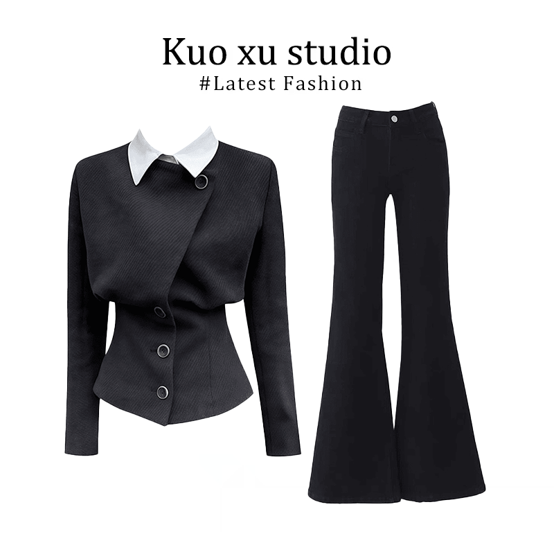 御姐风假两件毛呢外套女秋季新款设计感收腰显瘦上衣微喇休闲裤女