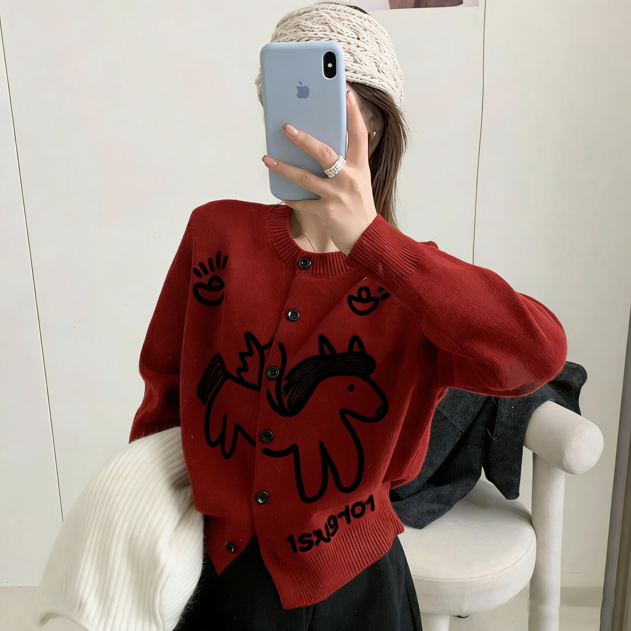 马上有钱~韩系新年红网红刺绣小马时尚百搭针织开衫毛衣女秋冬装