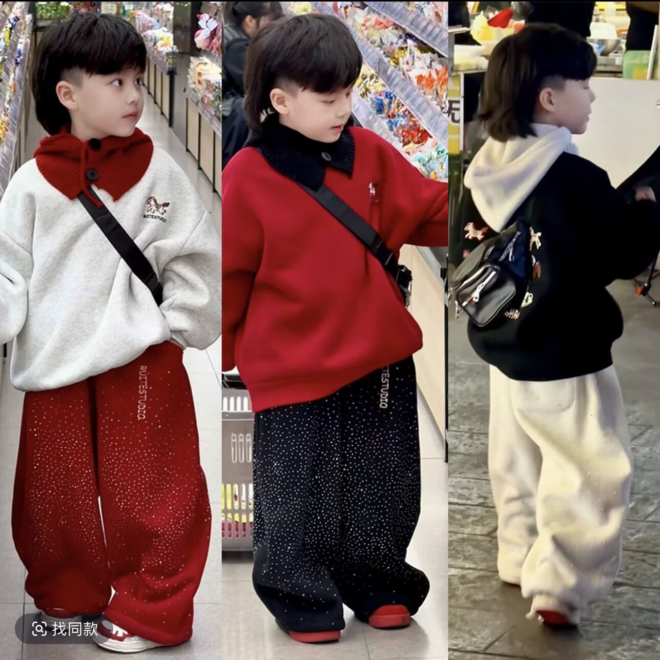 男童加绒上衣羊驼绒红色卫衣冬季2025新款男宝宝拜年服儿童装喜庆